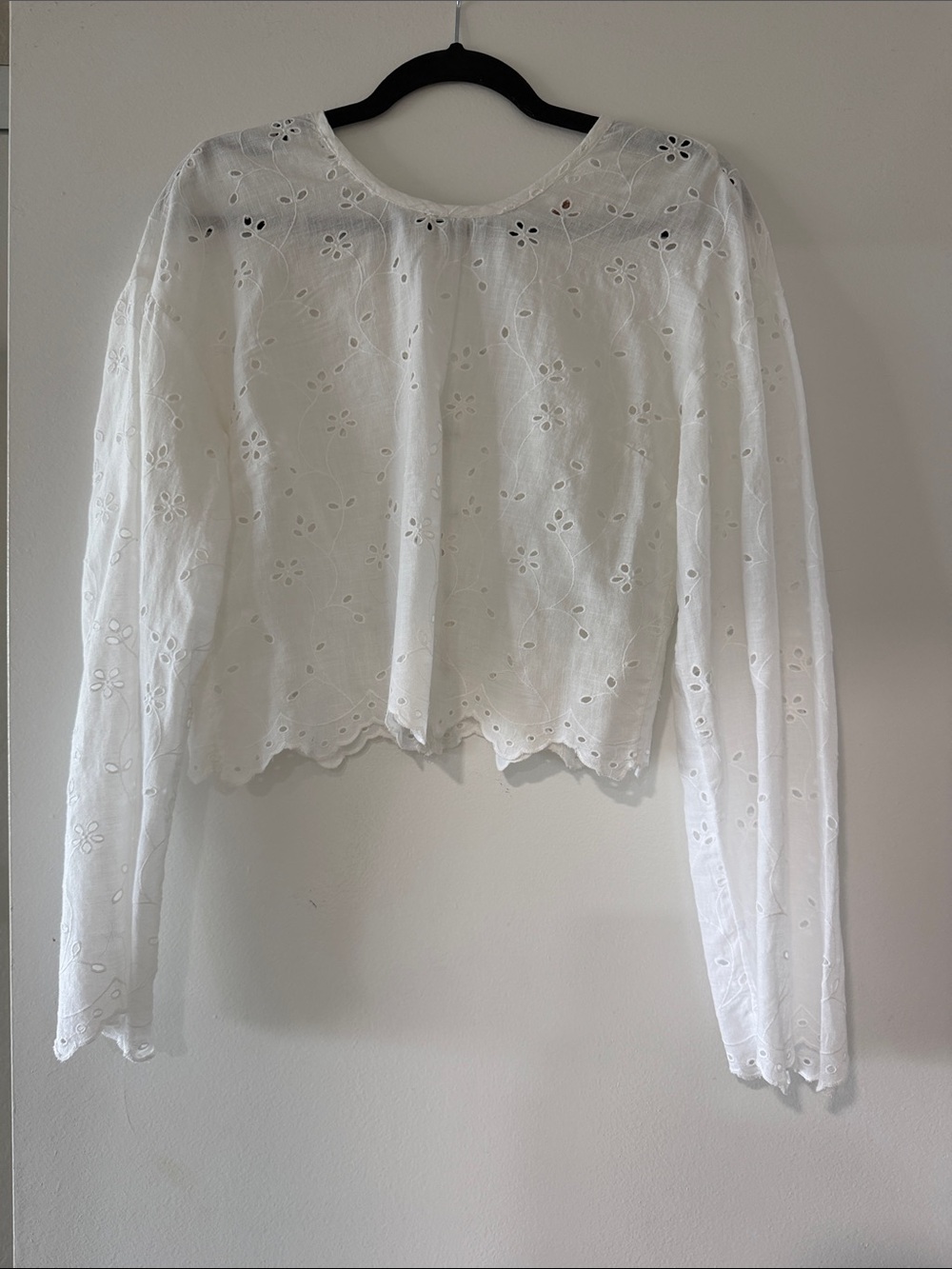 Free People White Eyelet Cropped Long-Sleeve Blouse